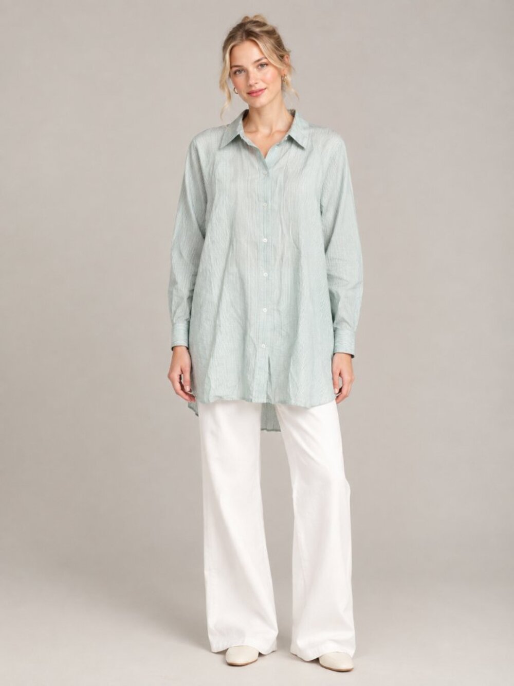 NWT J. Jill Striped Linen Tunic Button-Down Shirt Turqstripe 3X #A4579